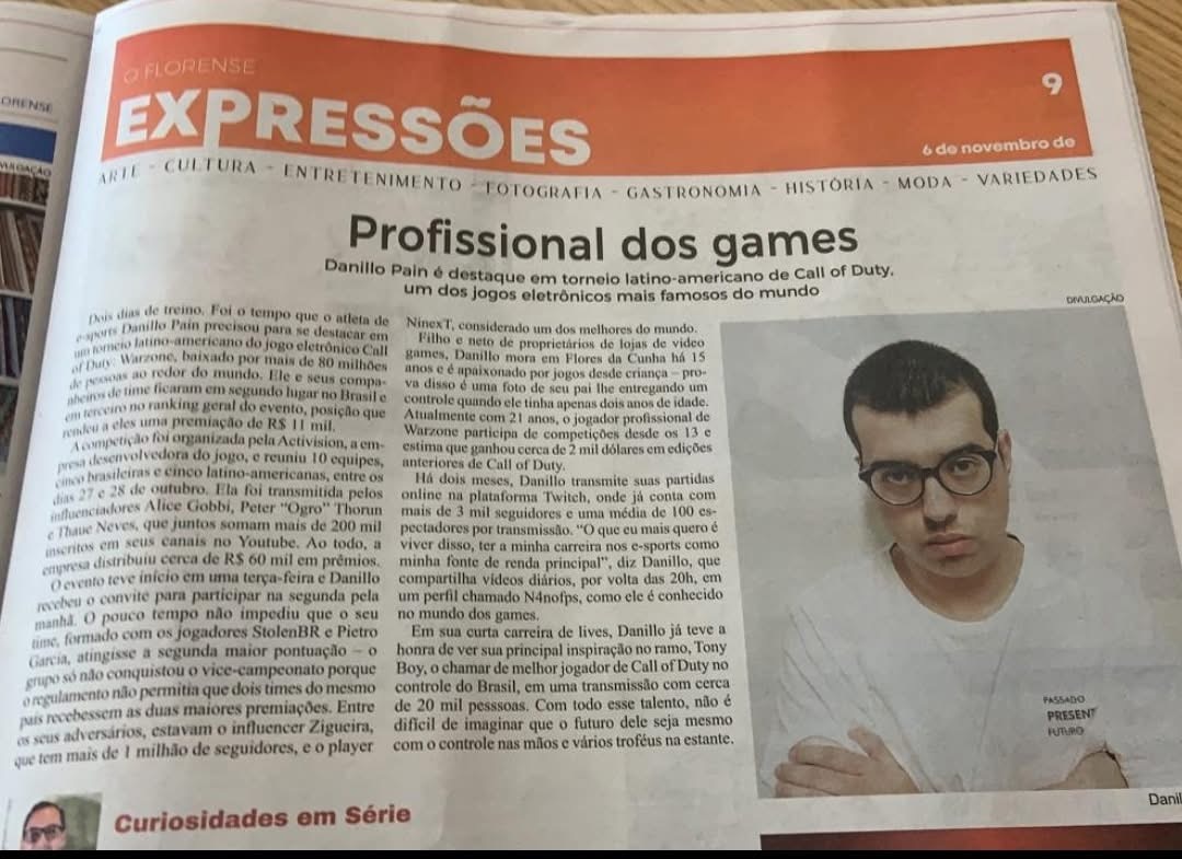 Reportagem do jornal O Florense sobre Danillo Pain, profissional dos games